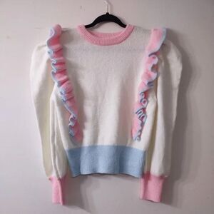 Listicle White Sweater with Pink and Blue Accents